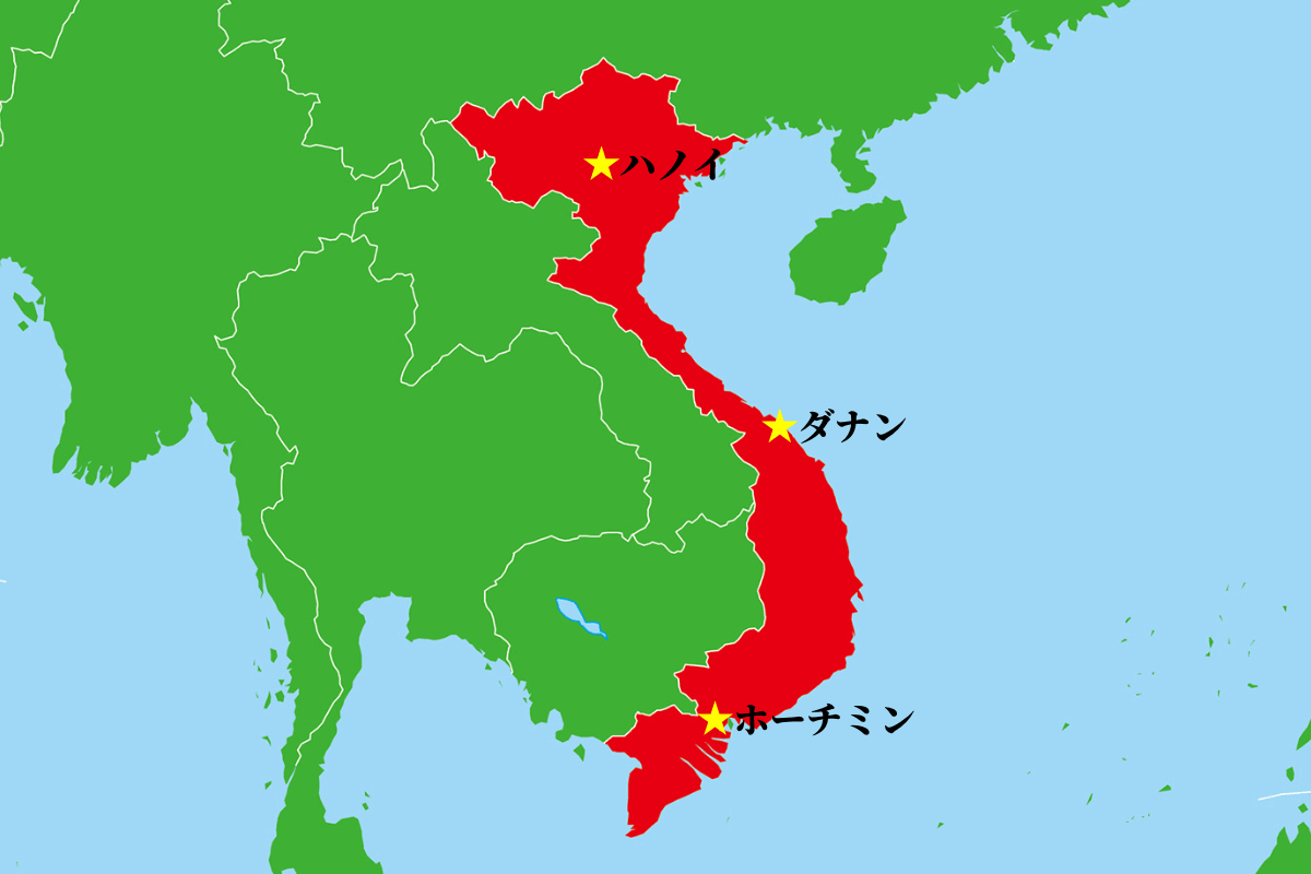ベトナムの形と主要都市の位置が分かる地図